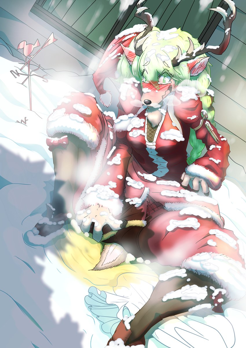 accident anthro blush bodily_fluids butt christmas_clothing christmas_headwear clothed clothing embarrassed female genital_fluids green_eyes green_hair hair hat headgear headwear holidays horn looking_at_viewer omorashi open_mouth peeing peeing_on_ground santa_hat snow solo urine urine_on_ground wetting wetting_bottomwear mttbsmn christmas deer mammal new_world_deer reindeer absurd_res hi_res