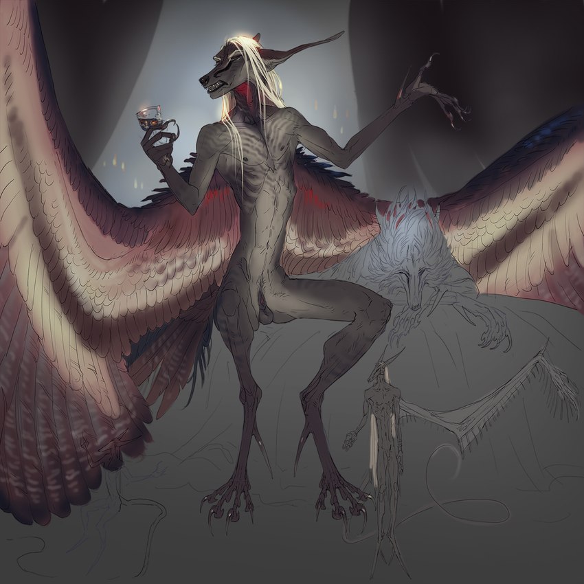 4_toes 5_fingers abs animal_genitalia anthro balls feathered_wings feathers feet fingers genitals male sheath solo toes wings nukerooster arch_(nukerooster) 1:1 2022 digital_media_(artwork) hi_res