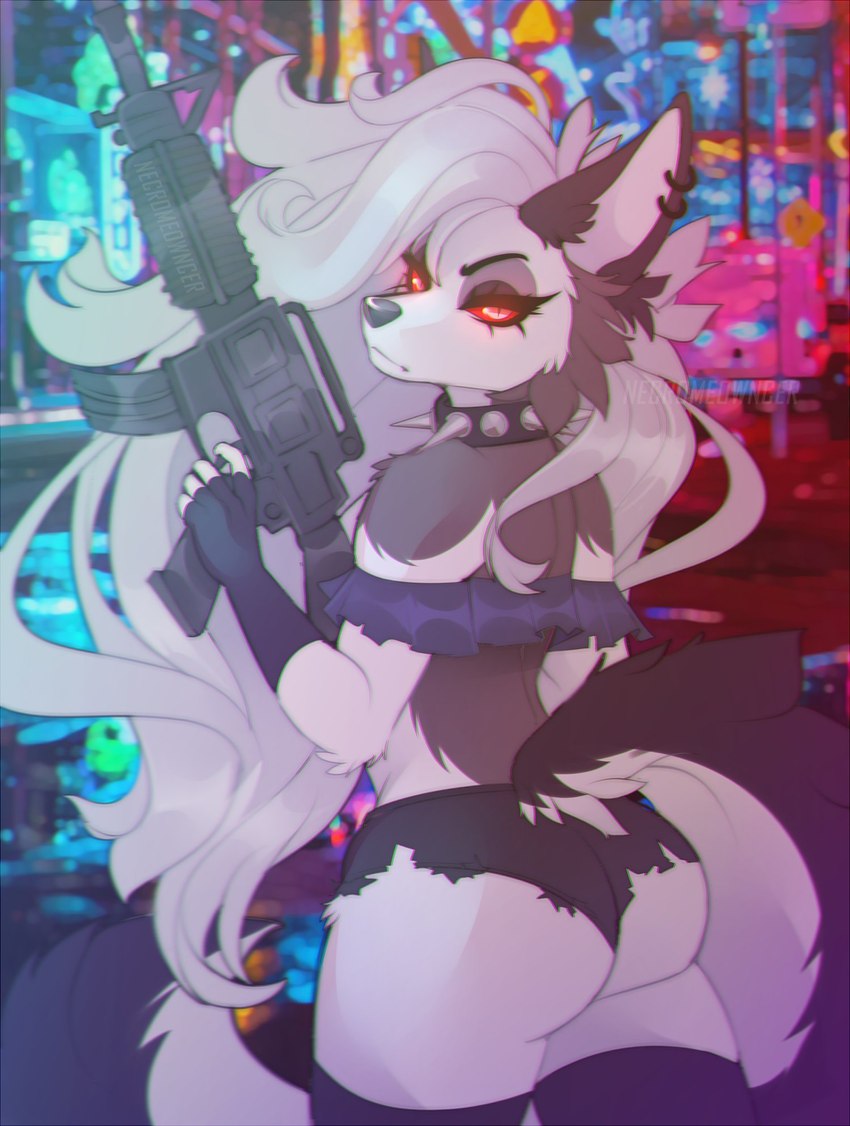 anthro assault_rifle bad_trigger_discipline big_tail bottomwear butt choker clothed clothing crop_top denim denim_bottomwear denim_clothing denim_shorts ear_piercing ear_ring female fingerless_gloves fur gloves gun hair handwear hotpants jewelry legwear looking_at_viewer looking_back m4a1 multicolored_body multicolored_fur necklace piercing ranged_weapon rear_view red_sclera rifle ring_piercing shirt shorts skimpy solo tail thigh_highs topwear torn_bottomwear torn_clothing torn_shorts weapon white_body white_hair necromeowncer helluva_boss mythology loona_(helluva_boss) canid canid_demon canine demon hellhound mammal mythological_canine mythological_creature hi_res