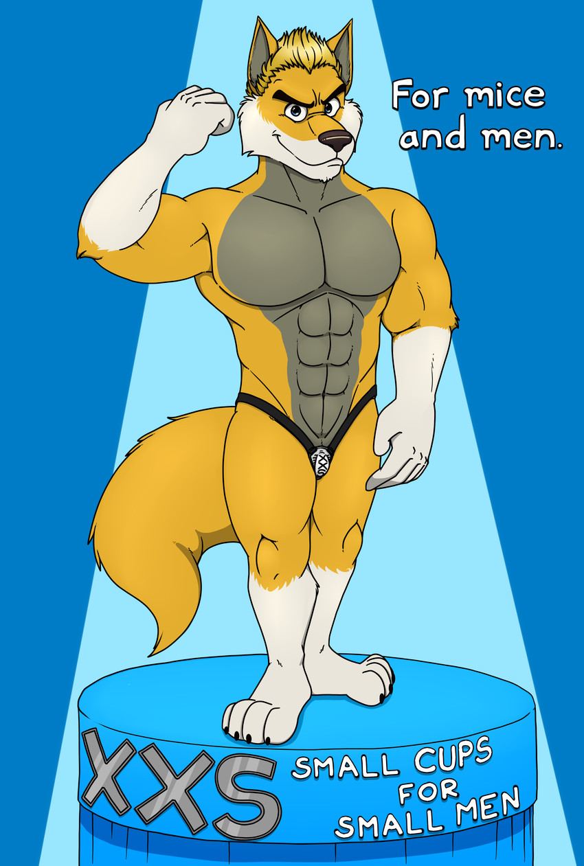 abs advertisement anthro biceps bulge clothing commercial confident container cup flexing jockstrap male muscular muscular_anthro muscular_male pecs podium small_penis_appreciation solo sportswear text underwear neenya blake_gibson canid canine canis mammal wolf absurd_res english_text hi_res