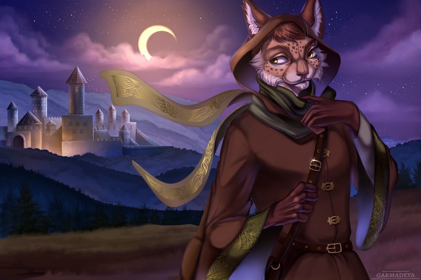 anthro castle clothing forest forest_background male moon nature nature_background plant robe solo tree yellow_eyes garmadeya aidan_(sryer) eurasian_lynx felid feline lynx mammal 2021