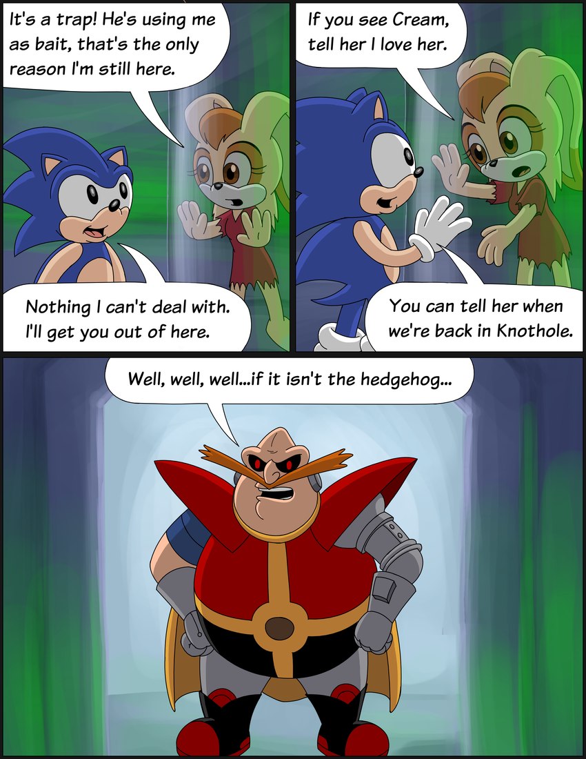 clothing dialogue female text torn_clothing omatic sega sonic_the_hedgehog_(satam) sonic_the_hedgehog_(series) dr._eggman sonic_the_hedgehog vanilla_the_rabbit eulipotyphlan hedgehog human lagomorph leporid mammal rabbit absurd_res comic english_text hi_res