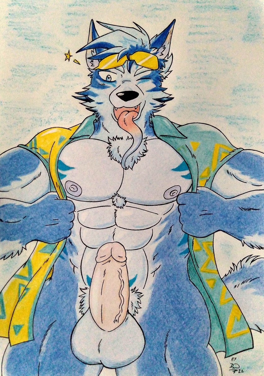 abs anthro balls barazoku blue_body blue_eyes blue_fur blue_hair clothed clothing erection eyewear eyewear_on_head fluffy fluffy_tail fur genitals hair happy inviting looking_at_viewer male markers markings muscular naughty_face nipples one_eye_closed open_clothing open_mouth open_shirt open_topwear partially_clothed pecs penis pointy_ears prick_ears pubes sharp_teeth shirt solo star sunglasses sunglasses_on_head tail teeth tongue tongue_out topwear vein veiny_penis vest dashthefox lifewonders tokyo_afterschool_summoners tindalos_(tas) canid canine canis mammal wolf absurd_res hi_res pastel_(artwork) traditional_media_(artwork)