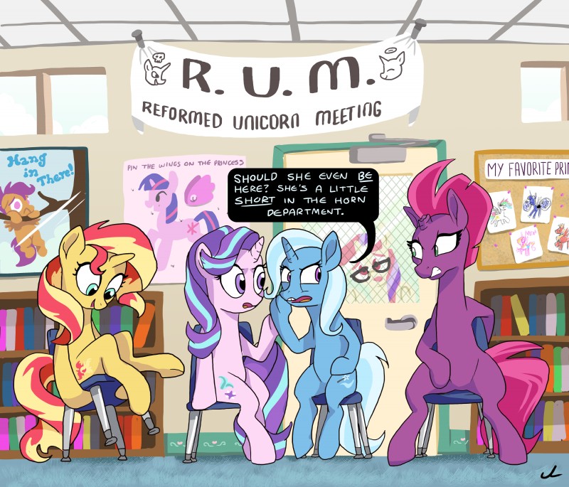 broken_horn chair dialogue featureless_crotch female furniture group horn humor sitting text docwario equestria_girls friendship_is_magic hasbro my_little_pony my_little_pony:_the_movie_(2017) mythology big_macintosh_(mlp) moondancer_(mlp) princess_cadance_(mlp) princess_celestia_(mlp) princess_luna_(mlp) scootaloo_(mlp) starlight_glimmer_(mlp) sunset_shimmer_(eg) tempest_shadow_(mlp) trixie_(mlp) twilight_sparkle_(mlp) equid equine mammal mythological_creature mythological_equine unicorn 2018 absurd_res english_text hi_res