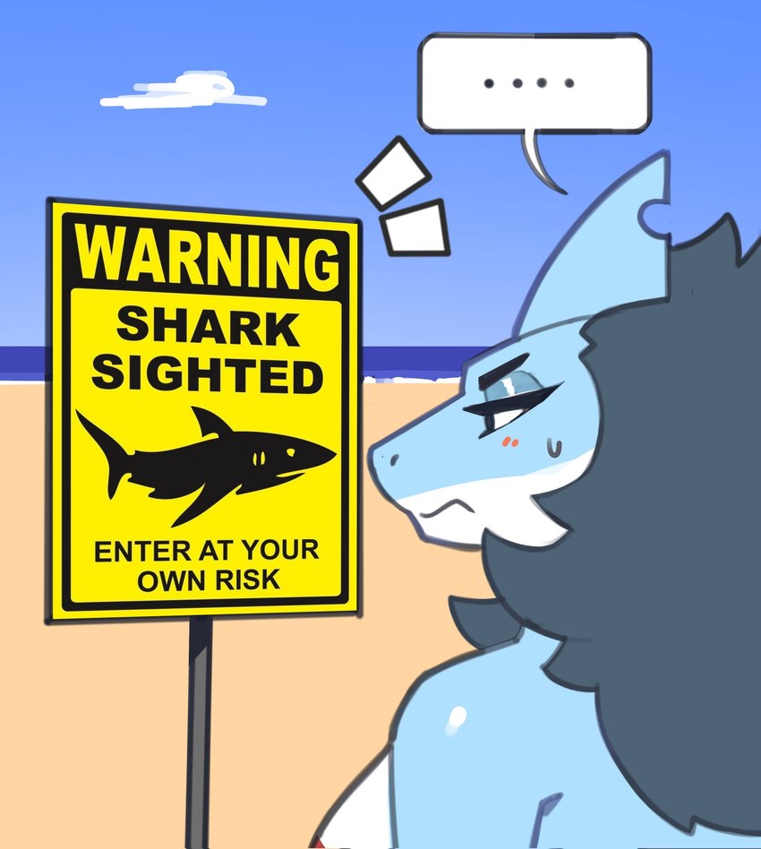 anthro blue_body blue_hair breasts female fin hair head_fin non-mammal_breasts sign solo text white_body tianiseul fish marine shark english_text hi_res