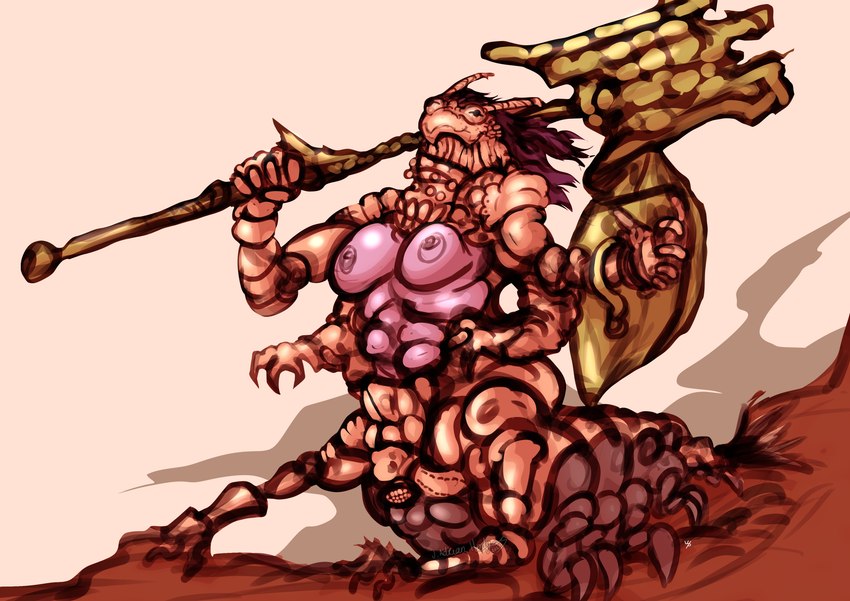 antennae_(anatomy) armor big_breasts breasts carapace clothed clothing crawling desert female fingers glaive hair headgear helmet holding_object holding_weapon knight larva melee_weapon multi_arm multi_leg multi_limb multicolored_body multicolored_skin nipples pink_body pink_skin polearm purple_hair shield simple_background solo standing tan_body topwear warrior weapon weapon_on_shoulder white_background wittless-pilgrim arthropod arthropod_taur caterpillar humanoid insect insect_taur monster monstrous_humanoid taur worm 2021 absurd_res colored detailed digital_drawing_(artwork) digital_media_(artwork) hi_res signature watermark