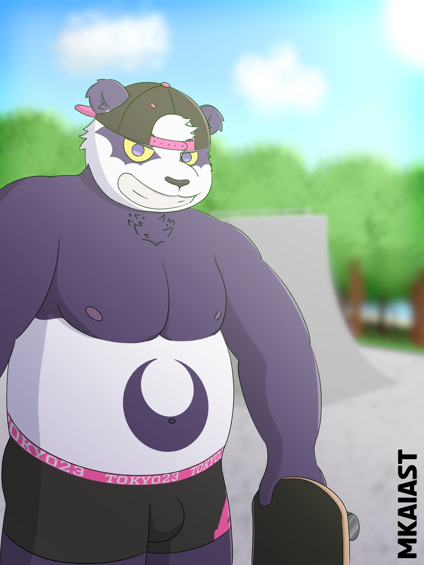 anthro black_clothing blurred_background boxers_(clothing) clothing fur hat headgear headwear male nipples pink_clothing purple_body purple_fur skate_park skateboard slightly_chubby solo underwear vehicle white_body white_clothing white_fur yellow_sclera mkaiast lifewonders tokyo_afterschool_summoners alp_(tas) bear giant_panda mammal 3:4 absurd_res hi_res