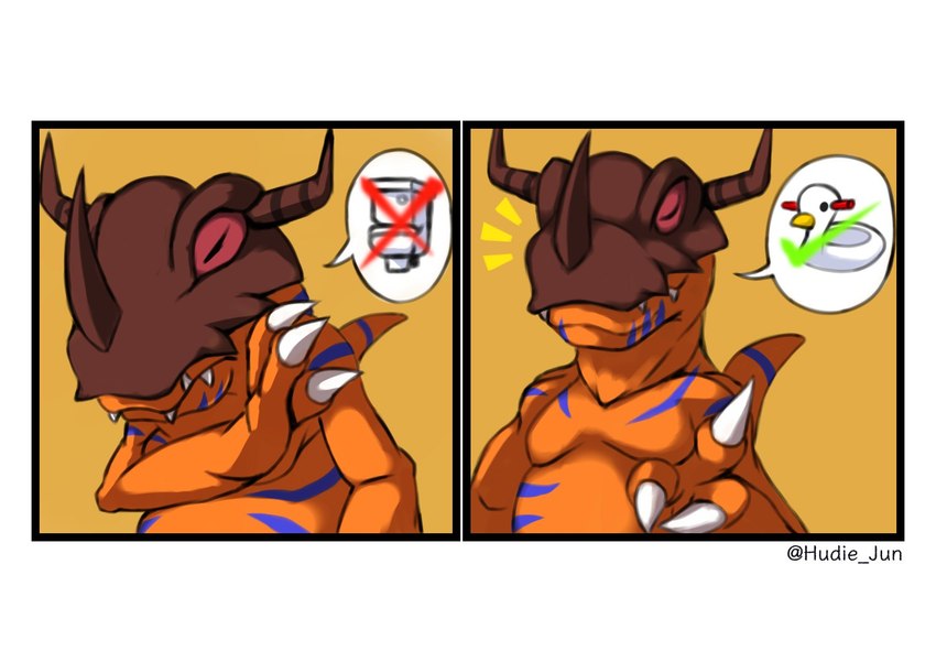 anthro armor claws headgear helmet horn humor male orange_body potty_chair solo toilet hudie_jun bandai_namco digimon digimon_(species) greymon scalie hi_res meme