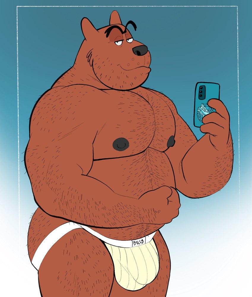 anthro arm_hair belly black_nose body_hair brown_body bulge butt_hair cellphone chest_hair clothing electronics hairy humanoid_hands jockstrap male moobs musclegut muscular nipples overweight overweight_male phone shoulder_hair smartphone solo underwear spazz_bear bear mammal 2022 hi_res