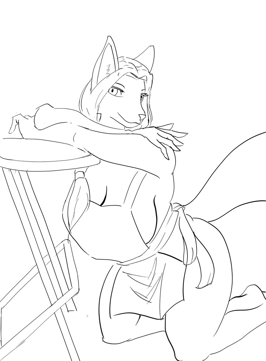 anthro apron apron_only breasts clothing female ironing_board kneeling looking_at_viewer mature_female mostly_nude solo houkaisp canid canine canis mammal wolf absurd_res black_and_white hi_res line_art monochrome