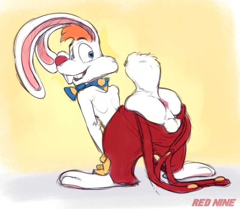 anthro anus backsack balls blue_eyes butt clothed clothing fur genitals looking_back male mostly_nude open_mouth overalls overalls_down presenting presenting_anus presenting_hindquarters raised_tail simple_background smile solo tail topless white_body white_fur red-9 disney who_framed_roger_rabbit roger_rabbit lagomorph leporid mammal rabbit 2018