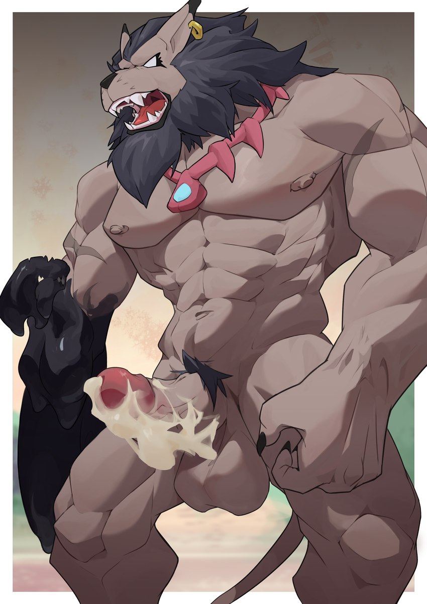 abs anthro balls bodily_fluids cum genital_fluids genitals male muscular muscular_anthro muscular_male neck_collar nipples pecs penis scar solo vein veiny_penis ottar bandai_namco digimon digimon_(species) felid leomon lion mammal pantherine shadowleomon absurd_res hi_res