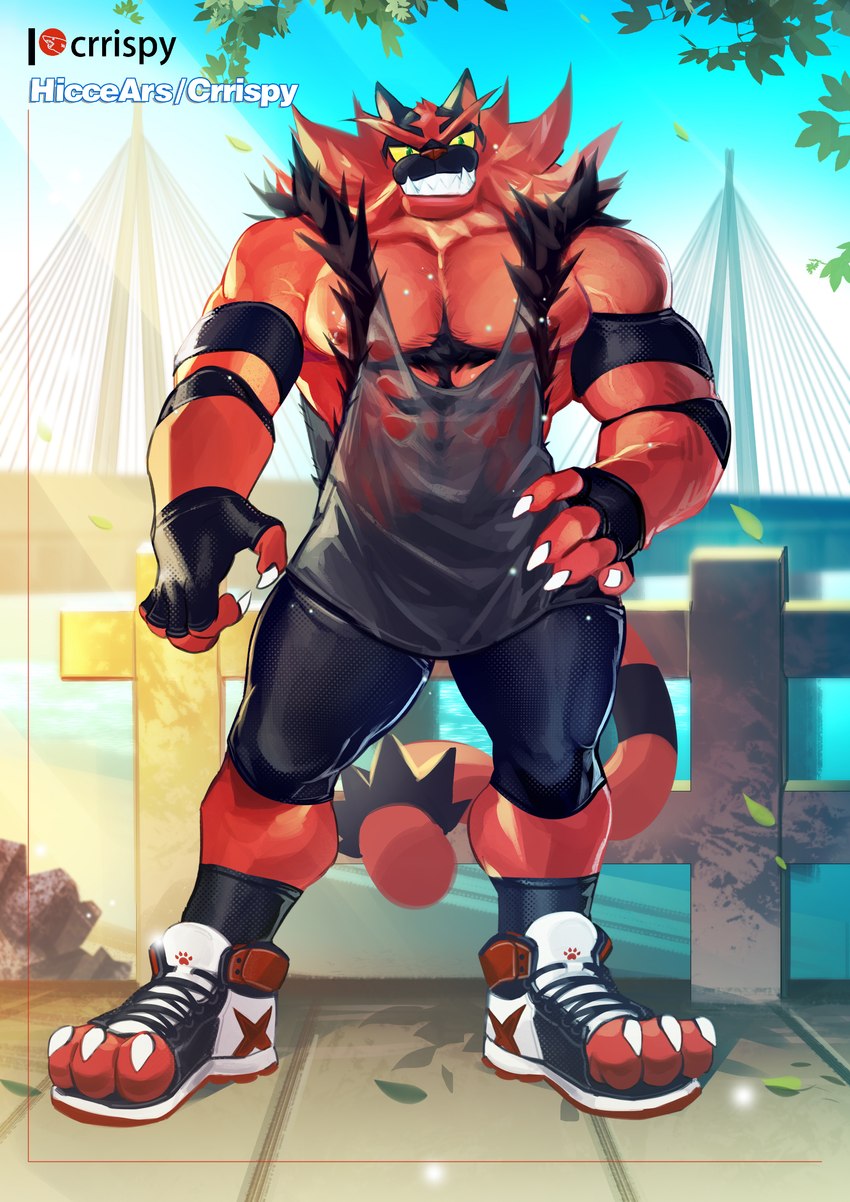 3_toes abs anthro armband big_pecs body_hair bottomwear bridge broad_shoulders chest_hair clothing elbow_pads feet fingerless_gloves footwear gloves green_eyes hair handwear looking_at_viewer male muscular muscular_anthro muscular_male pecs red_body red_hair sharp_teeth shirt shoes shorts smile smiling_at_viewer socks solo spandex spandex_shorts tank_top teeth tight_bottomwear tight_clothing tight_shorts toeless_footwear toeless_shoes toes topwear translucent translucent_clothing yellow_sclera crrispy_shark nintendo pokemon generation_7_pokemon incineroar pokemon_(species) absurd_res hi_res