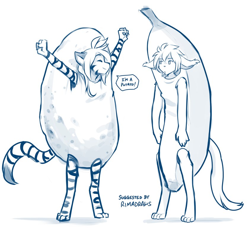 anthro banana banana_costume barefoot clothed clothing costume dialogue digitigrade duo ear_tuft eyes_closed feet female food food_costume fruit fur humor male plant potato potato_costume raised_arms smile striped_body striped_fur stripes tail text tuft vegetable conditional_dnp tom_fischbach twokinds flora_(twokinds) keith_keiser basitin felid keidran mammal pantherine tiger 2022 adobe_photoshop_(artwork) blue_and_white digital_media_(artwork) english_text hi_res monochrome sketch