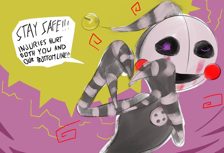 abstract_background ambiguous_gender black_body dialogue exclamation_point gesture heart_gesture hollow_eyes looking_at_viewer markings one_eye_closed smile solo striped_body stripes text wink winking_at_viewer gglloooopp five_nights_at_freddy's five_nights_at_freddy's_2 scottgames marionette_(fnaf) security_puppet_(fnaf) animate_inanimate humanoid living_puppet 2021 digital_media_(artwork) english_text