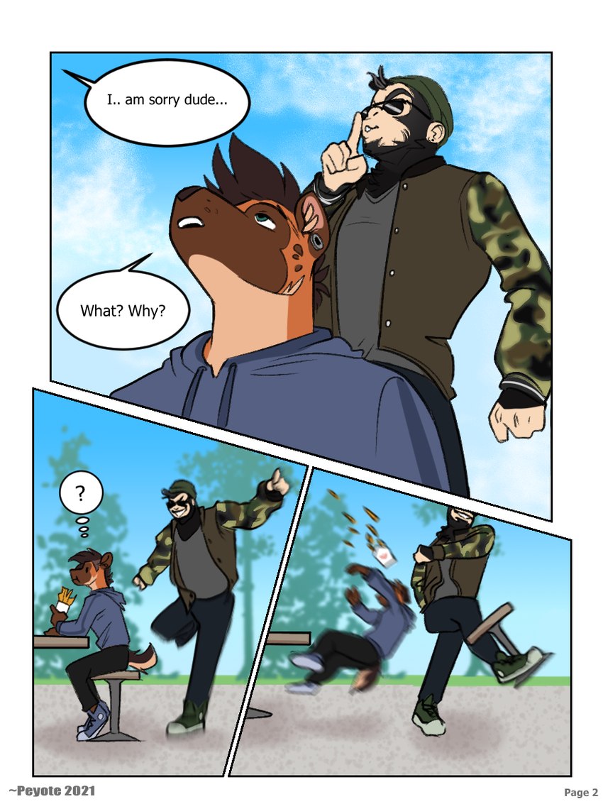 anthro beanie beard black_body black_bottomwear black_clothing black_fur black_pants blue_bottomwear blue_clothing blue_footwear blue_pants blue_shirt blue_shoes blue_topwear bottomwear brown_body brown_fur bully bullying camo camo_clothing camo_print camo_shirt camo_topwear clothing comic_panel delinquent dialogue dominant dominant_anthro dominant_male duo ear_piercing ear_ring enemies_to_lovers eyewear facial_hair falling falling_on_ground falling_over fingers food footwear fries fur green_beanie green_clothing green_eyes green_footwear green_hat green_headwear green_shirt green_shoes green_topwear grey_clothing grey_shirt grey_topwear hat headgear headwear homophobia intimidation jock kick kicking_object looming looming_over looming_threat lunch lunch_tray male male/male manly markings menancing muscular muscular_anthro muscular_male outside pants pattern_clothing pattern_shirt pattern_topwear piercing ring_piercing school shirt shoes shush sitting_at_table sitting_on_stool sneaking speech_bubble spots spotted_body spotted_fur sunglasses text threatening topwear peyotethehyena haplorhine hyena mammal monkey primate 2021 comic digital_media_(artwork) english_text hi_res