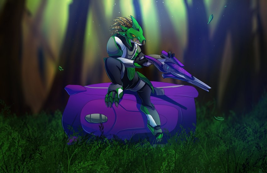 3_fingers 3_toes ambiguous_gender anthro armor beak cuisse digitigrade drop_pod fangs feet fingers forest forest_background glowing glowing_eyes grass gun headgear helmet holding_gun holding_object holding_ranged_weapon holding_rifle holding_weapon nature nature_background needle_rifle outside plant pod raised_leg ranged_weapon rifle sitting solo spaulder teeth toes tree weapon yellow_eyes lady_ahiru halo_(series) microsoft xbox_game_studios cor_zan alien avian kig-yar scalie t'vaoan colored hi_res shaded female_(lore)