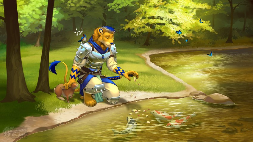 anthro group male peaceful peaceful_expression peaceful_scenery vallhound dexterlion peaceful_memories arthropod avian bird butterfly felid fish insect lagomorph lepidopteran leporid lion mammal marine pantherine rabbit 16:9 widescreen