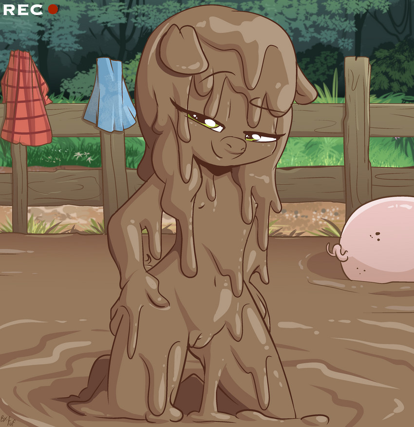 anthro anthro_focus bedroom_eyes clothing dirty duo female feral flat_chested genitals mud mud_covered muddy narrowed_eyes navel nipples nude outside pussy seductive smile solo_focus wam young young_anthro fuf domestic_pig mammal suid suine sus_(pig) hi_res