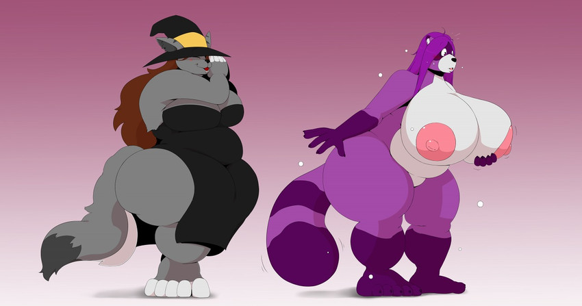 after_transformation anthro big_breasts big_butt black_nose breasts butt clothing duo female fur grey_body grey_fur hand_on_breast hat headgear headwear huge_breasts magic_user nipples purple_body purple_fur smile standing surprise witch witch_hat nken canid mammal procyonid raccoon 2017