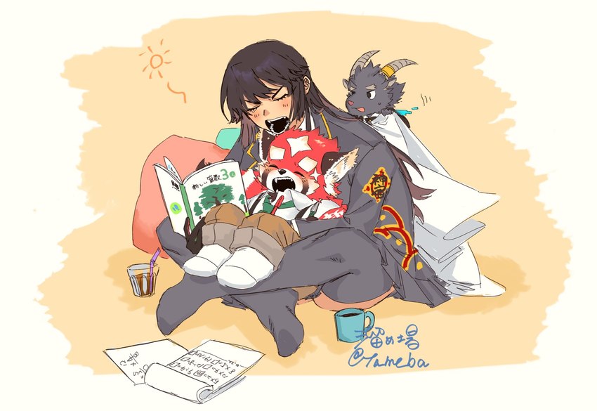 anthro black_body black_fur black_hair clothing female footwear fur group hair male red_body red_fur sleeping slightly_chubby socks suspenders trio young ta_me_ba lifewonders tokyo_afterschool_summoners salomonkun zhurong_(tas) ailurid bovid caprine goat human mammal red_panda hi_res