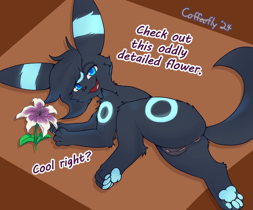 anus bioluminescence blue_eyes butt female feral flower genitals glowing hair looking_back open_mouth pawpads plant presenting presenting_hindquarters pussy solo text coffeefly nintendo pokemon syna_the_umbreon eeveelution generation_2_pokemon pokemon_(species) umbreon english_text hi_res