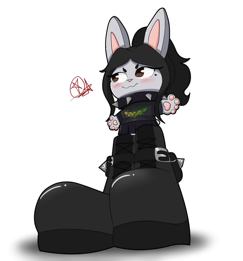 alternative_fashion anthro black_clothing black_hair blush boots clothing collar female footwear goth hair humor perspective shoes simple_background solo spiked_collar spikes white_background mirashefreak03 lagomorph leporid mammal rabbit absurd_res hi_res meme