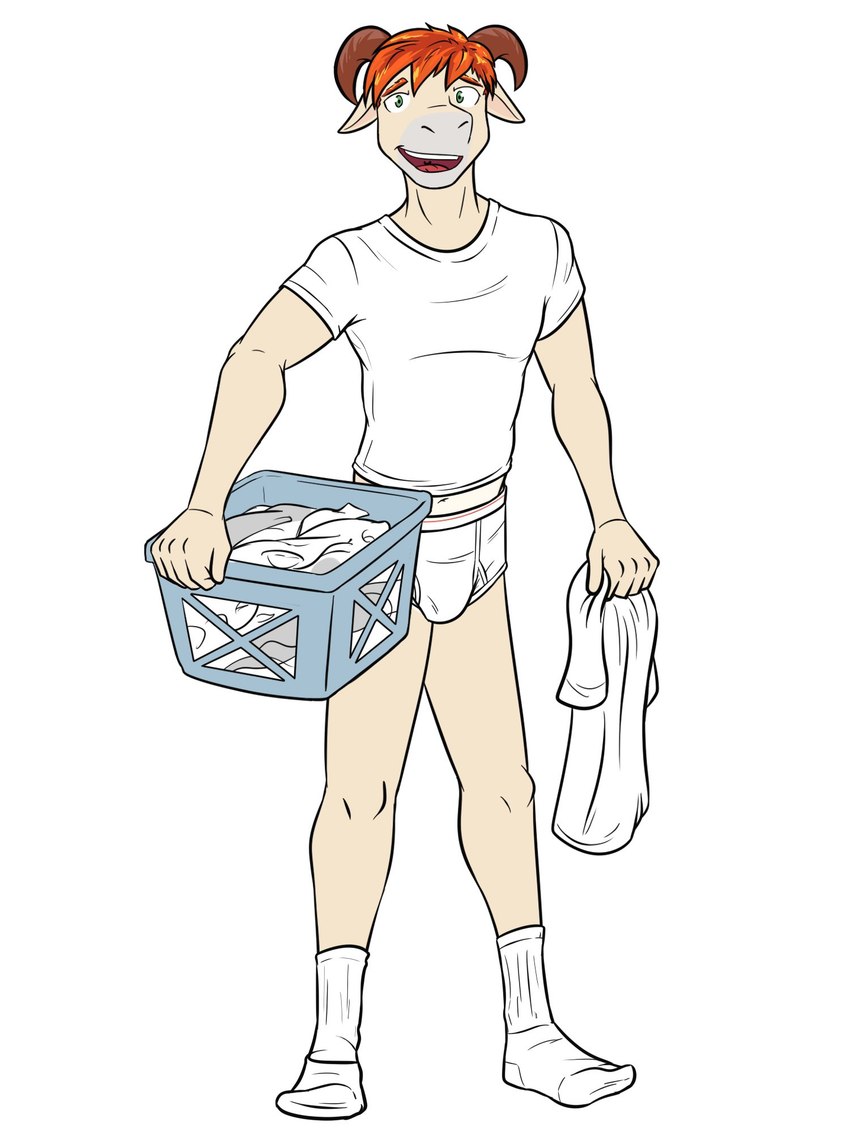 anthro briefs bulge clothed clothing crossgender footwear ftm_crossgender green_eyes hair holding_clothing holding_object holding_topwear laundry_basket male midriff pantsless red_hair shirt simple_background socks solo t-shirt tighty_whities topwear underwear white_background white_briefs white_clothing white_footwear white_shirt white_socks white_t-shirt white_topwear white_underwear fuze stardew_valley penny_(stardew_valley) bovid bovine cattle mammal 3:4 full-length_portrait hi_res portrait