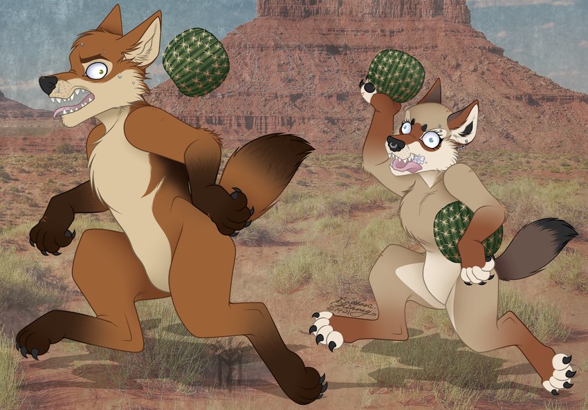 anthro cactus desert duo female male plant text thehuntingwolf choya canid canine canis coyote mammal absurd_res digital_media_(artwork) english_text full-length_portrait hi_res portrait