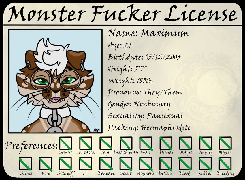 ambiguous_gender anthro license license_to_fuck monster_fucker_permit profanity teratophilia text raevi10 monsterfucker_license maximum_(raevi10) black-footed_cat domestic_cat felid feline felis mammal monster scottish_fold english_text maleherm_(lore) nonbinary_(lore)