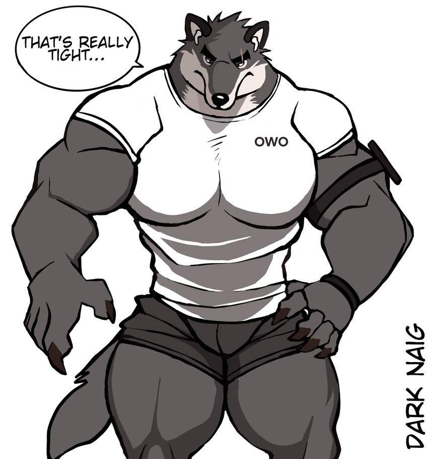 anthro armband barazoku biceps big_muscles bottomwear bulge claws clothed clothing dialogue earbuds electronics eyebrows front_view fur hand_on_hip headphones hotpants huge_muscles male muscular muscular_anthro muscular_male pecs scar shirt shorts simple_background solo standing text thick_thighs tight_clothing topwear tuft white_background wristband darknaigart airpods apple_inc. canid canine canis mammal wolf 2022 absurd_res artist_name english_text hi_res