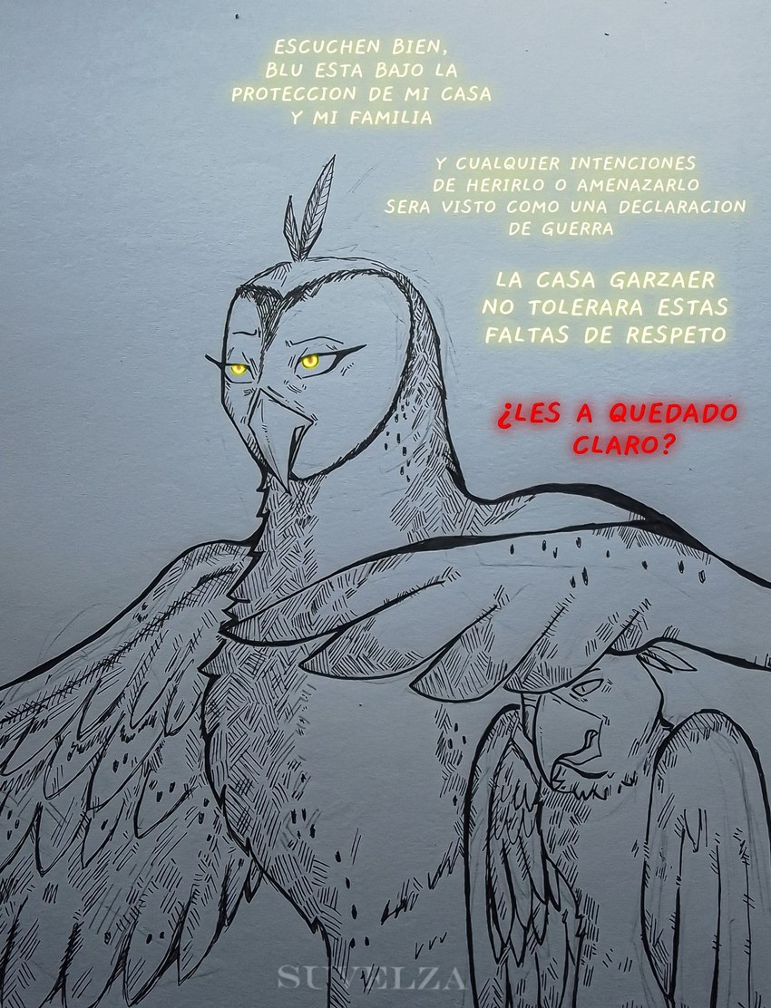 beak duo feathered_wings feathers female feral glowing glowing_eyes larger_female male male/female protective size_difference smaller_male text wings suvelza blu_waifu blue_sky_studios rio_(series) blu_(rio) fan_character izel_(blu_waifu) avian barn_owl bird macaw neotropical_parrot owl parrot spix's_macaw true_parrot tyto tytonid comic hi_res signature sketch spanish_text traditional_media_(artwork) translated