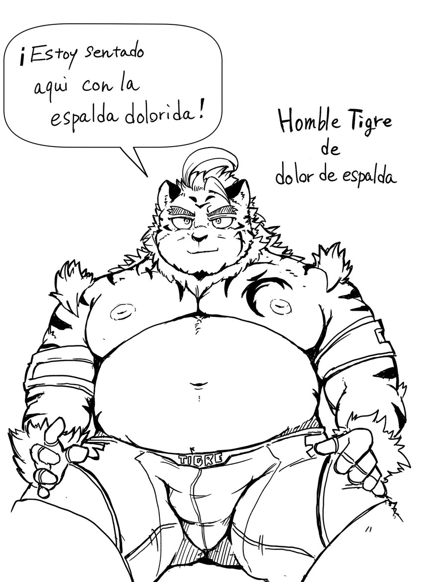 anthro belly bottomwear bulge clothing humanoid_hands kemono male moobs navel nipples overweight overweight_anthro overweight_male shorts simple_background sitting solo text white_background aretna lifewonders tokyo_afterschool_summoners hombre_tigre_(tas) felid mammal pantherine tiger 2020 hi_res monochrome spanish_text translated