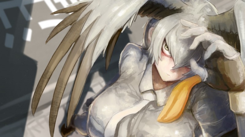 black_body black_feathers clothing feathers female fingerless_gloves gloves grey_body grey_clothing grey_feathers grey_hair hair handwear head_wings high-angle_view looking_at_viewer necktie solo unusual_wing_placement wings canvassolaris kemono_friends shoebill_(kemono_friends) animal_humanoid avian avian_humanoid bird bird_humanoid humanoid pelecaniform pelecaniform_humanoid shoebill_humanoid hi_res