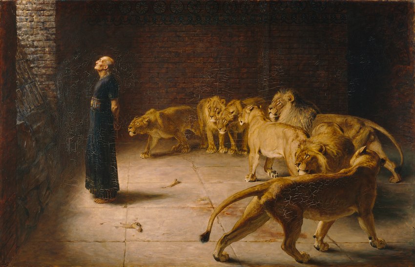 balls barely_visible_balls barely_visible_genitalia clothed clothing female feral genitals group male mane pawpads paws quadruped standing tail tail_tuft tuft briton_riviere bible public_domain daniel_(biblical_figure) felid human lion mammal pantherine 1890 19th_century ancient_art oil_painting_(artwork) painting_(artwork) traditional_media_(artwork)