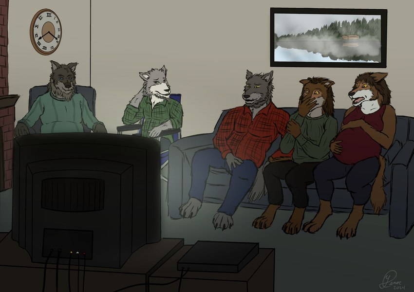 anthro awkward_moment clock electronics family female fireplace furniture group home living_room male picture_frame sex_tape shocked smile smirk sofa television vcr yenocwolf erin_hughes_(character) hex_(satanic-furry) yenoc canid canine canis mammal red_wolf wolf absurd_res hi_res