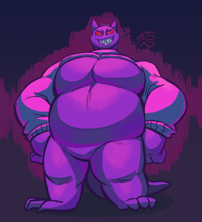 belly big_belly clothing hands_on_hips long_sleeves male muscular muscular_male pink_clothing pink_sweater pink_topwear pupils purple_body red_eyes sharp_teeth slit_pupils solo sweater tail teeth topwear jasperthecrab nintendo pokemon generation_1_pokemon gengar pokemon_(species) hi_res