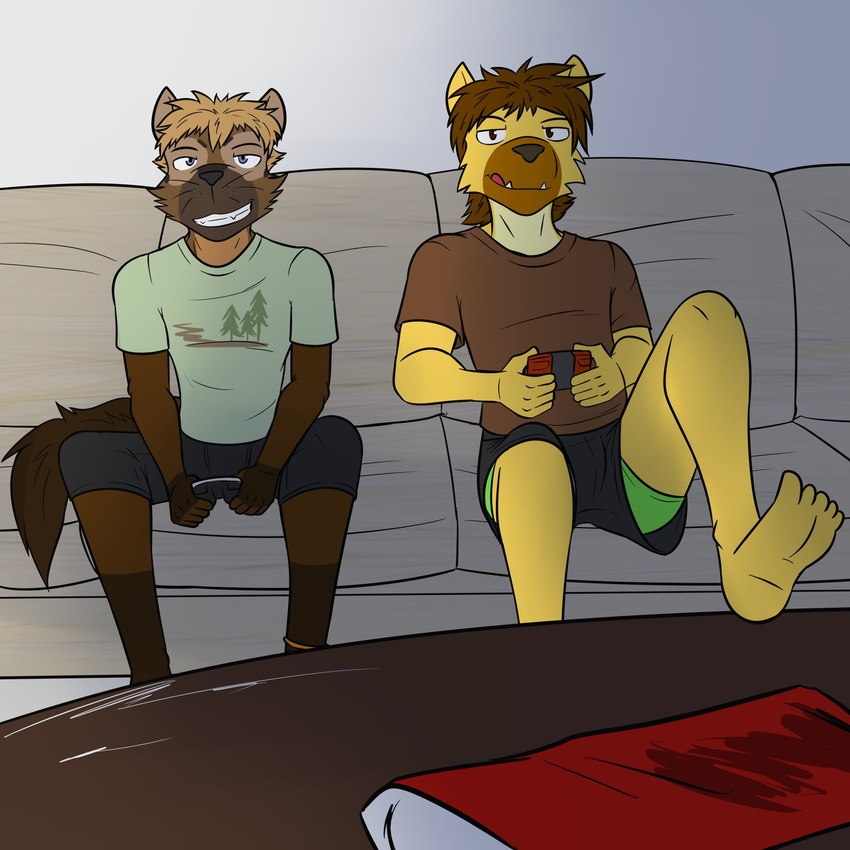 anthro barefoot bottomwear clothed clothing controller duo feet furniture gaming holding_controller holding_object male on_sofa playing_video_game shirt shorts sitting sofa t-shirt topwear underwear upshorts fuze nintendo nintendo_switch fuzeyeen keaton_(ohthatsit) gulonine hyena mammal marten mustelid musteline pine_marten spotted_hyena 1:1 hi_res