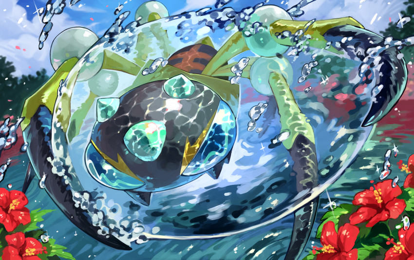 ambiguous_gender blue_eyes blue_sky bubble cloud day flower hibiscus leaf outside plant sky solo tropical water wolftapioca nintendo pokemon araquanid generation_7_pokemon pokemon_(species) 2020 hi_res