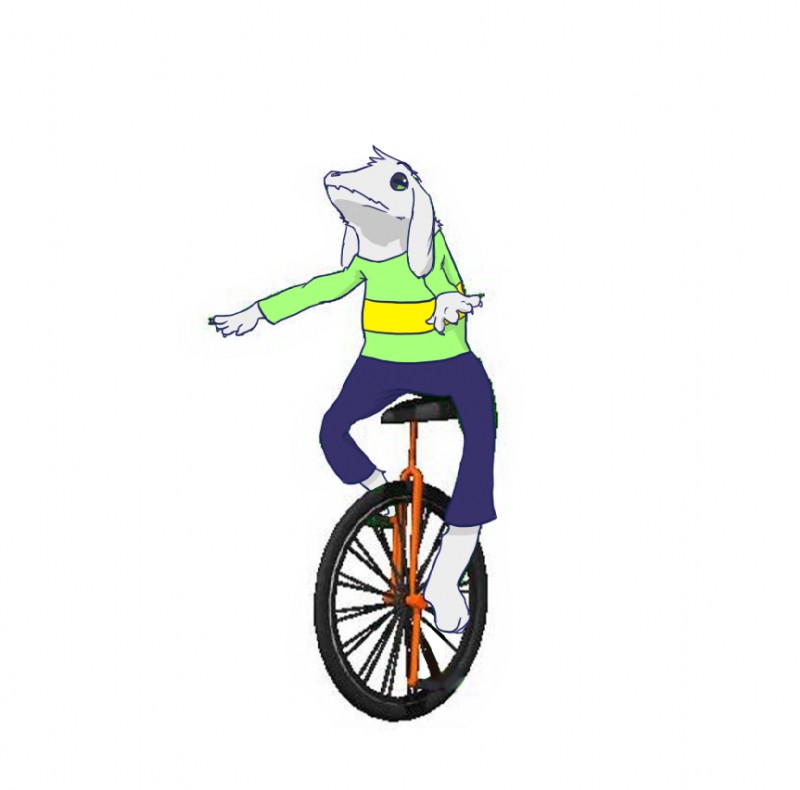 anthro clothed clothing fur long_ears male simple_background solo sweater topwear unicycle vehicle white_background white_body white_fur shinrai-fidelis dat_boi undertale undertale_(series) asriel_dreemurr boss_monster_(undertale) bovid caprine goat mammal meme