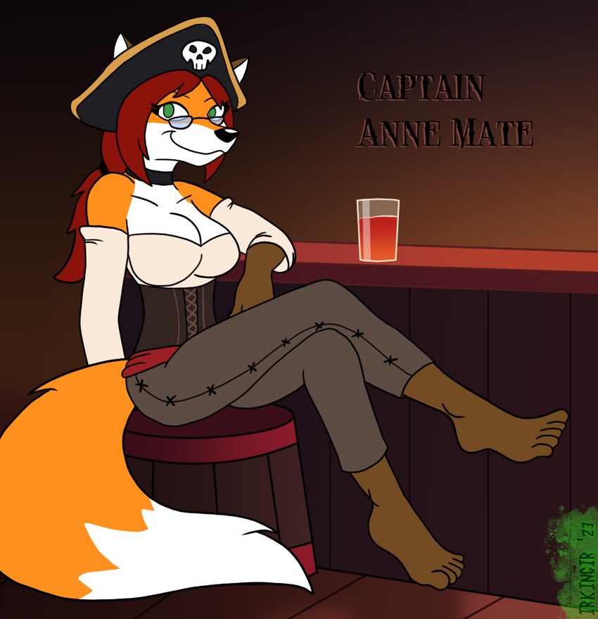 5_toes anthro barefoot breasts choker cleavage clothed clothing crossed_legs eyewear feet female glass glasses humanoid_feet jewelry looking_at_viewer necklace off_shoulder pirate plantigrade sitting solo toes irkingir anne_mate canid canine fox mammal