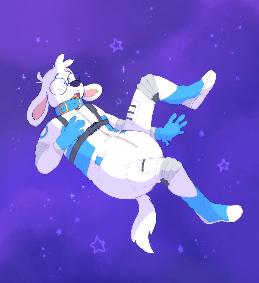 ambiguous_gender anthro big_diaper biped blue_clothing blue_collar blush clean_diaper clothed clothing collar cosmic_background diaper diaper_bulge diaper_under_clothing eyewear fur glasses long_ears open_mouth round_glasses sky solo space space_background spacesuit star starry_background starry_sky teeth wearing_diaper white_body white_clothing white_fur slusheep oilspilt canid canine canis domestic_dog mammal 2022 digital_media_(artwork) hi_res