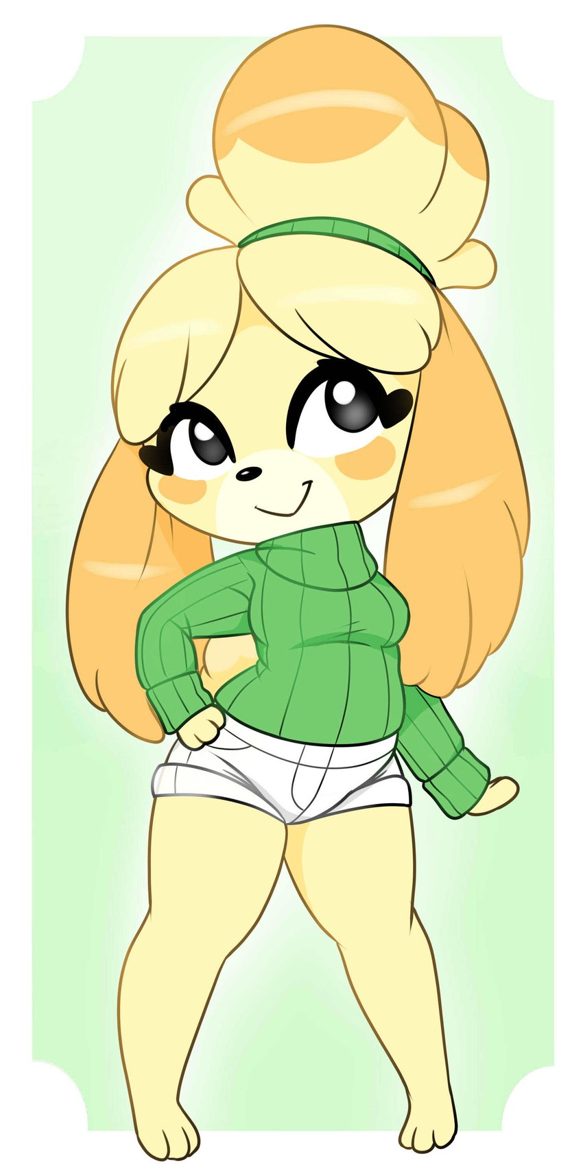 3_fingers 3_toes anthro bottomwear breasts clothed clothing feet female fingers fur hair hand_on_hip pose shirt shorts simple_background smile solo spread_legs spreading standing sweater toes topwear yellow_body yellow_fur thousandarms animal_crossing nintendo isabelle_(animal_crossing) canid canine canis domestic_dog mammal shih_tzu toy_dog 1:2 absurd_res digital_media_(artwork) hi_res