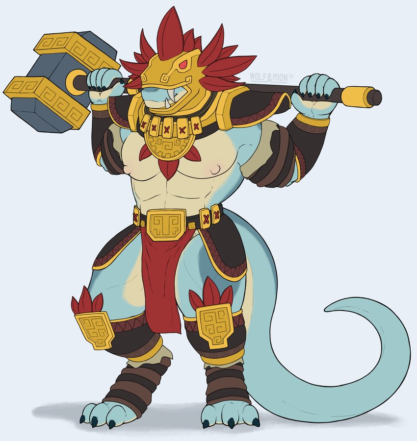 abs anthro armor blue_body bottomwear claws clothing gem hammer headgear helmet loincloth long_tail male maul multicolored_body muscular nipples shoulder_pads simple_background smile solo standing tail tools two_handed_weapon white_background wolfarion american_mythology mayan_mythology mesoamerican_mythology mythology kuno_bloodclaw scalie 2022 absurd_res artist_name colored digital_drawing_(artwork) digital_media_(artwork) hi_res