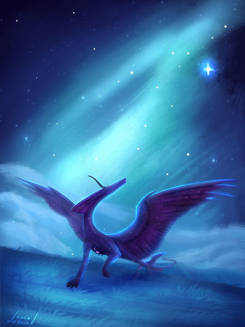 4_wings ambiguous_gender atmospheric cloud feathered_crest feathered_wings feathers feral galaxy grass grass_field head_crest long_body milky_way mountain multi_wing night plant purple_body purple_eyes sky solo star starry_sky wings noxeorn mythology noxeorn_(character) dragon feathered_dragon feathered_scalie mythological_creature mythological_scalie scalie 2024 hi_res nonbinary_(lore)