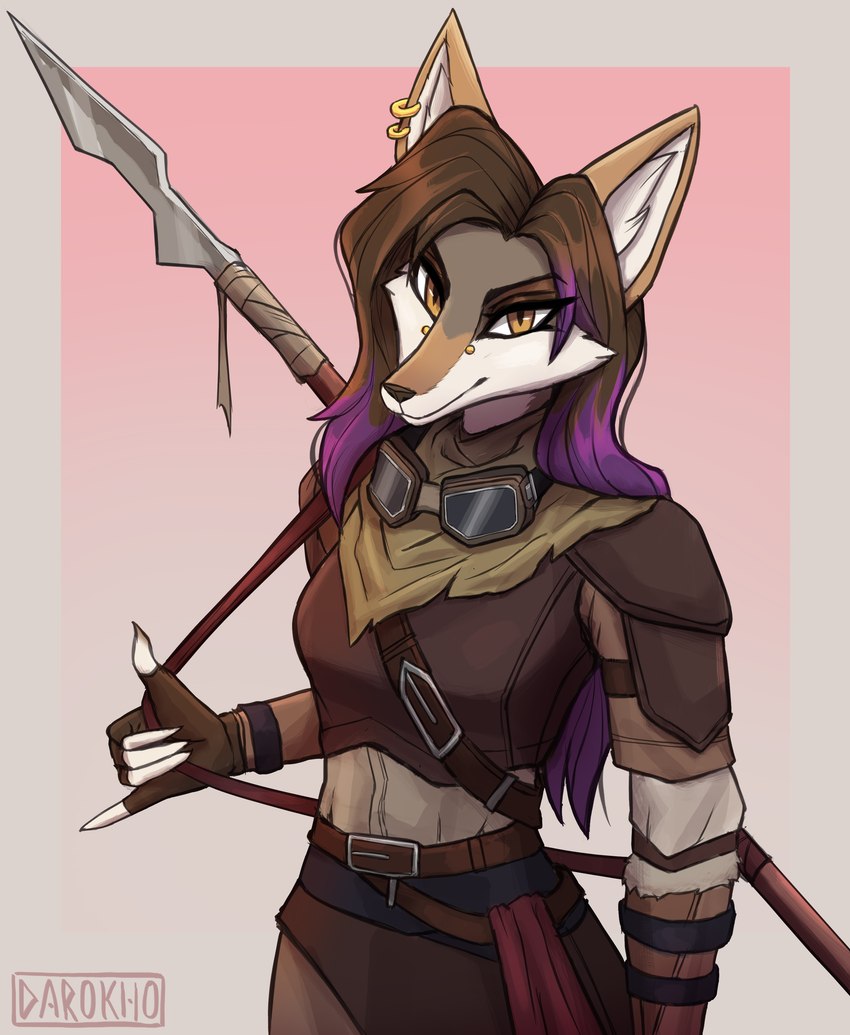 amber_eyes anthro armor belt bridge_piercing brown_body brown_fur brown_hair ear_piercing ear_ring eyewear facial_piercing female fur gesture goggles gradient_background hair hand_gesture looking_at_viewer melee_weapon nose_piercing piercing pink_hair polearm ring_piercing shaka_sign simple_background smile smirk solo spear weapon darokho canid canine canis coyote mammal absurd_res hi_res signature