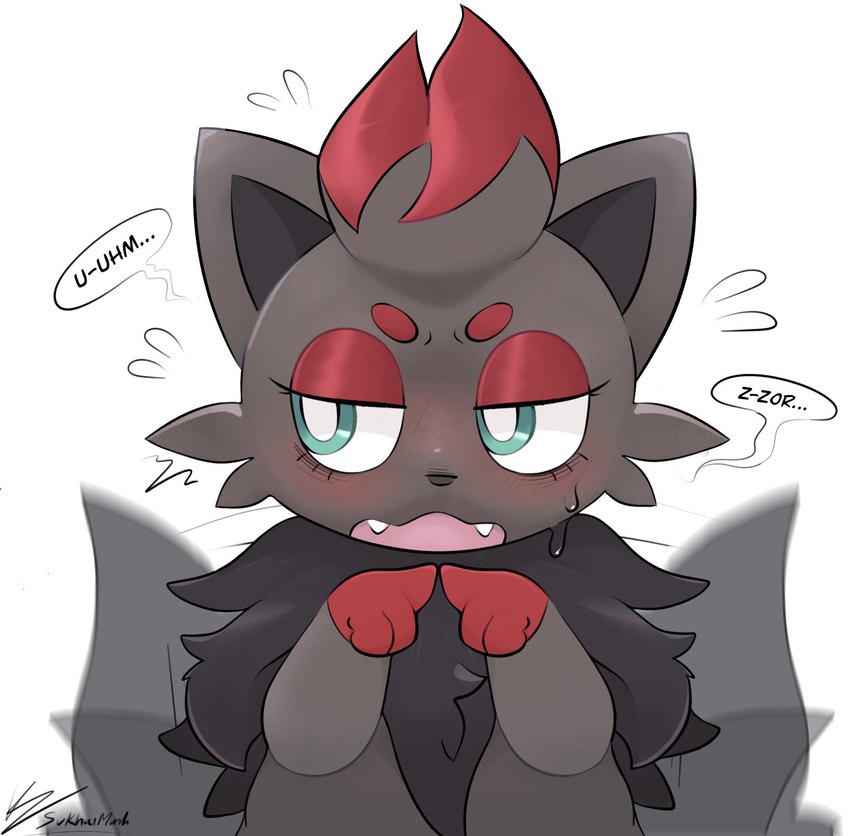 anthro biped black_body black_fur blush dialogue female fur green_eyes grey_body grey_fur index_to_index solo speech_bubble tail tail_motion tailwag svkhaiminh nintendo pokemon generation_5_pokemon pokemon_(species) zorua hi_res