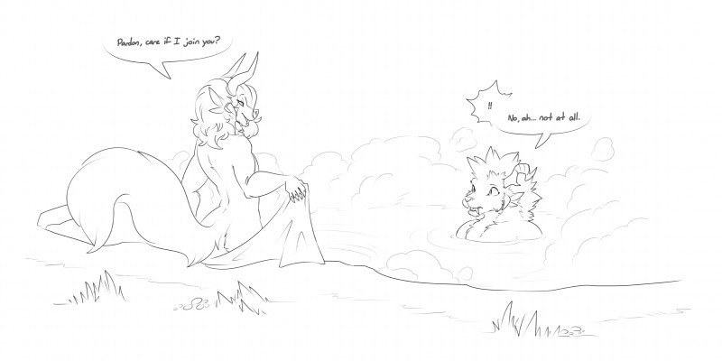 4_ears ambiguous_gender anthro bathing clothing dialogue duo female hot_spring male male/female multi_ear nude skinny_dipping text undressing water halbean guild_wars purna_whitewillow charr felid mammal absurd_res english_text hi_res monochrome sketch