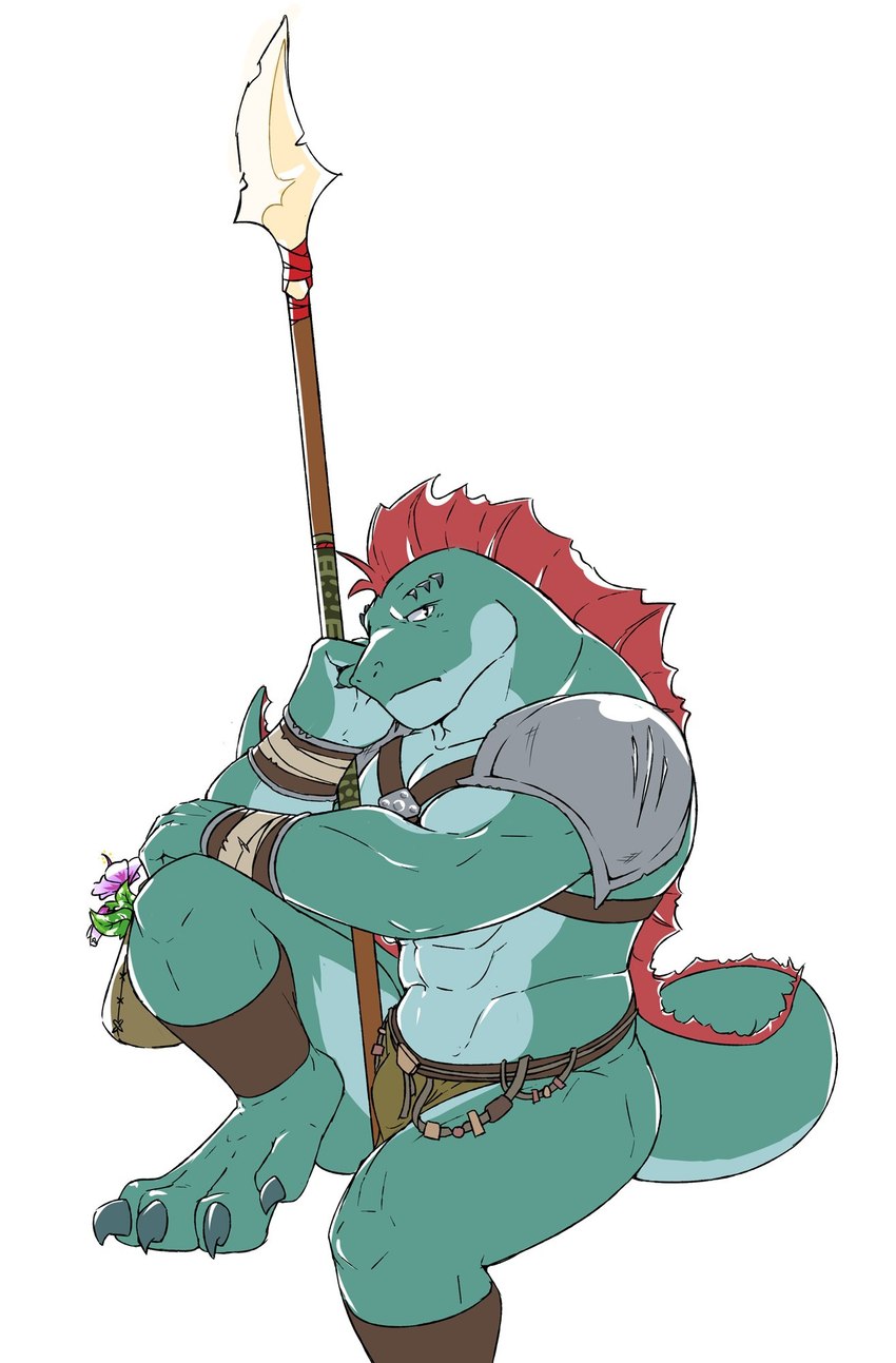 abs anthro green_body male melee_weapon muscular muscular_anthro muscular_male polearm solo spear tail weapon judicatorkoo lustful_desires rhot_(lustful_desires) lizardfolk_(lustful_desires) lizardman scalie hi_res