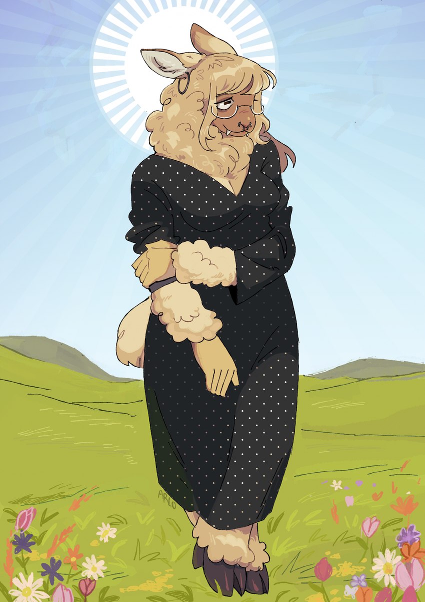 anthro bangs barefoot breasts clothed clothed_anthro clothed_female clothing detailed_background dress ear_piercing eyewear facial_piercing fangs feet female flower fur glasses grass hair halo hand_on_arm hill hooves horizontal_pupils inner_ear_fluff light light_beam nose_piercing outside piercing plant polka_dots pupils septum_piercing shy smile solo standing tail teeth tuft wool_(fur) luckymuttz bovid caprine mammal sheep 2025 digital_media_(artwork) hi_res signature